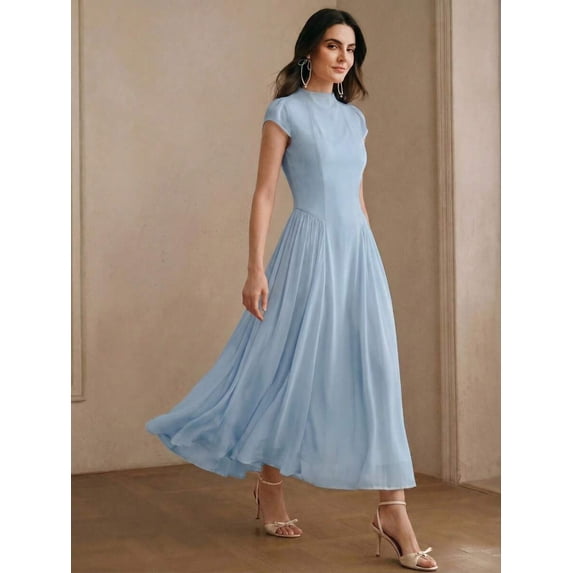 Womens Blue Elegant High Neck Cap Sleeve A-Line Floor-Length Pleated Maxi