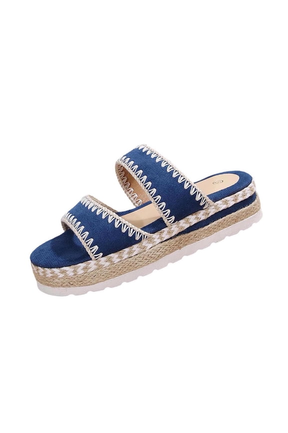 Womens Blue Faux Suede Platform Wedge Slide Sandals - Cushioned Two-Strap Open Toe Espadrille Summer Beach Shoes,Size 5