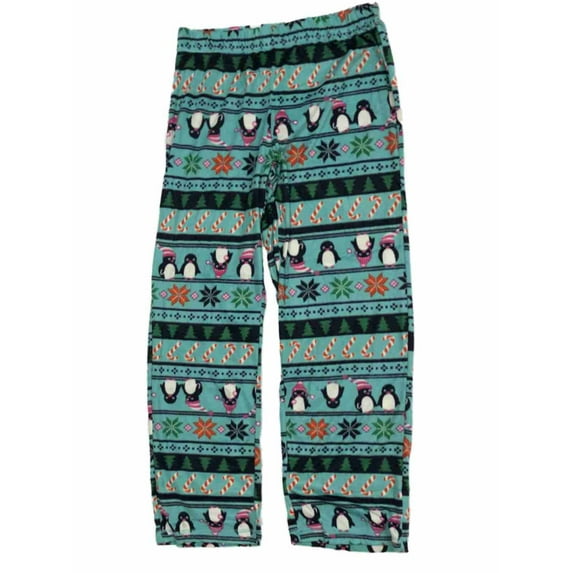 Womens Blue Fleece Penguin & Candycane Christmas Pajama Bottoms Sleep Pants M