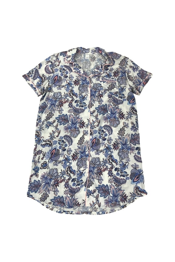 Womens Blue Floral Paisley Collar Sleepshirt Sleep Night Shirt Nightgown Medium