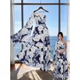 thumbnail image 1 of Womens Blue Floral Print Asymmetrical One-Shoulder Sleeveless Long Dress, 1 of 7