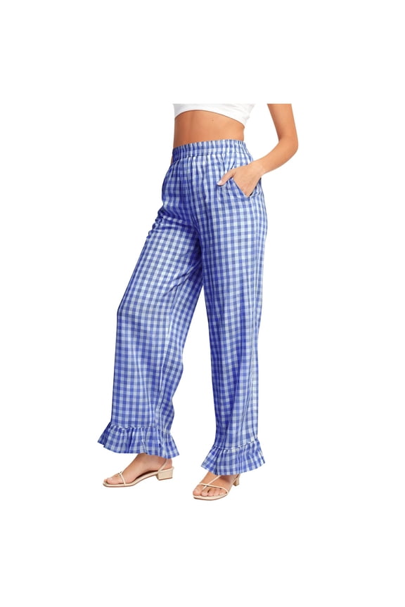 Womens Blue Gingham Wide Leg Pants with Ruffle Hem & Pockets, Elastic Waist Palazzo Trousers for Women, Comfort Fit Casual Summer Pants,Size 2XL