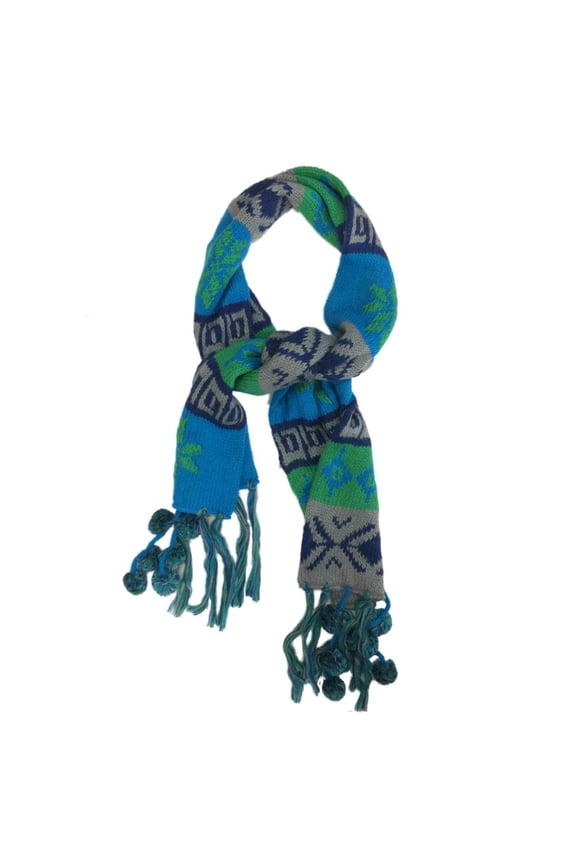 Womens Blue & Green Acrylic Cable Knit Pom Pom Winter Neck Scarf