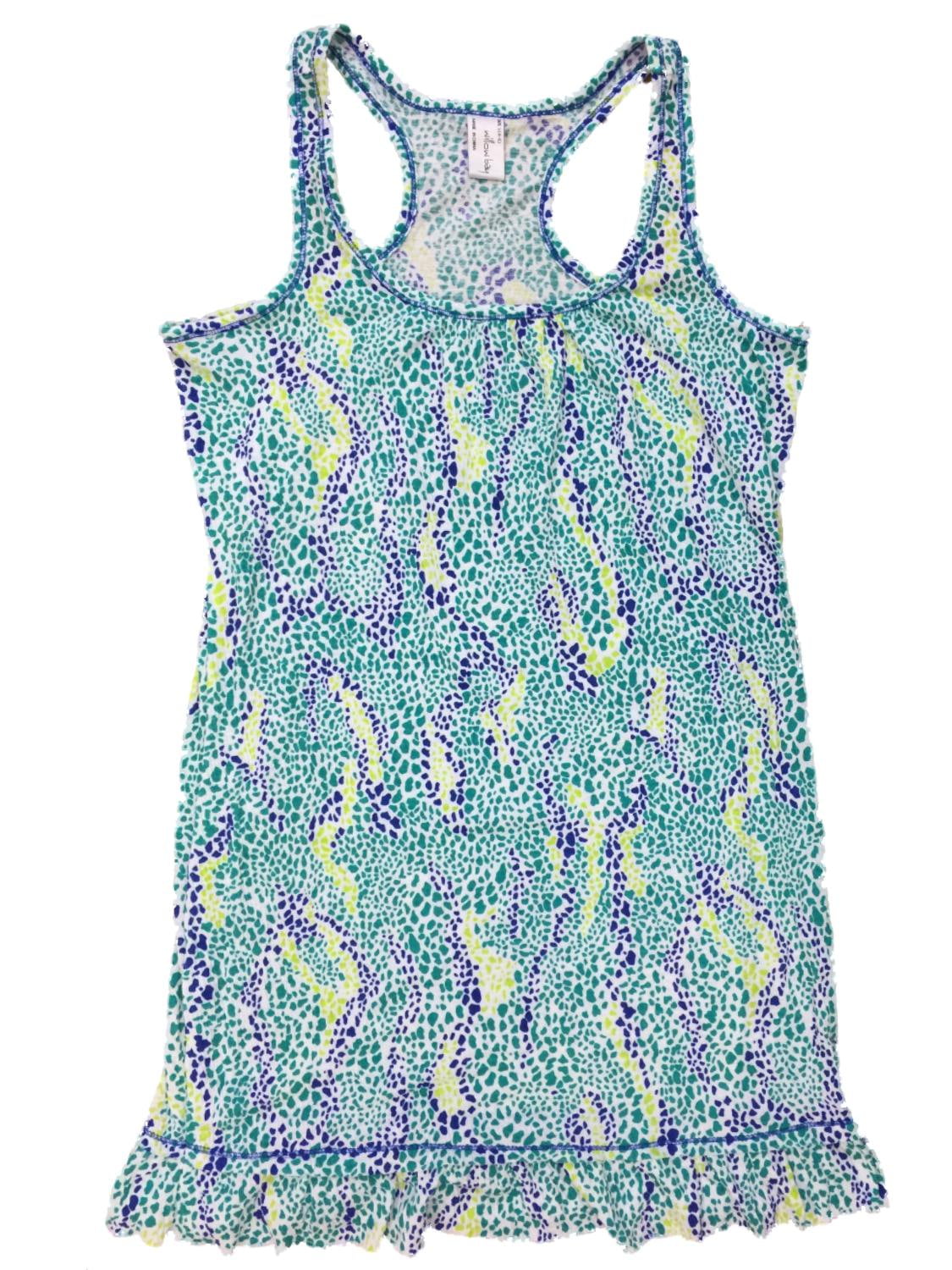 Womens Blue & Green Mosaic Polka Dot Tank Top Nightgown Ruffled Sleep Shirt S