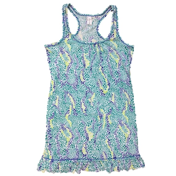Womens Blue & Green Mosaic Polka Dot Tank Top Nightgown Ruffled Sleep Shirt S