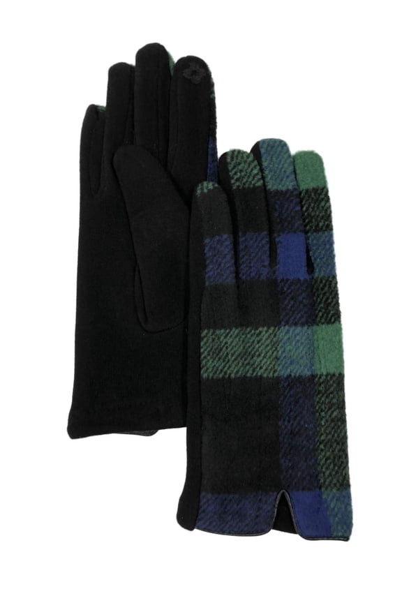 Womens Blue & Green Plaid Stretch Fit Text & Tech Touchscreen Gloves