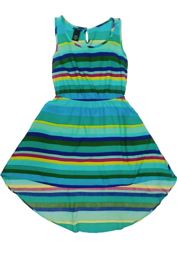 Womens Blue Green Purple Stripe Hi Low Fit & Flare Dress Tank Sundress Medium