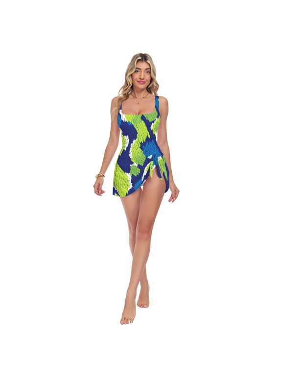 Womens Blue Green Python Pattern Print 2-in-1 Swim Dress Detachable Skirt One-Piece Swimsuit Square Neck S-XXL