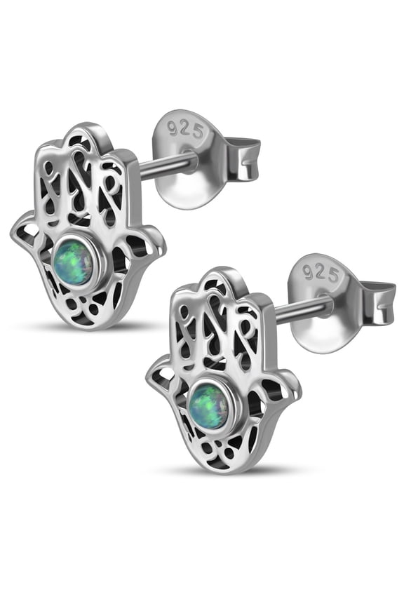 Womens Blue Green Simulated Opal Hamsa Stud Earrings 925 Sterling Silver