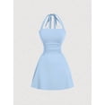 thumbnail image 1 of Womens Blue Halter Neck Ruched Waist A-Line Mini Dress, 1 of 4
