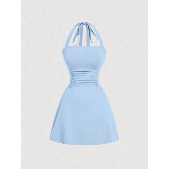 Womens Blue Halter Neck Ruched Waist A-Line Mini Dress