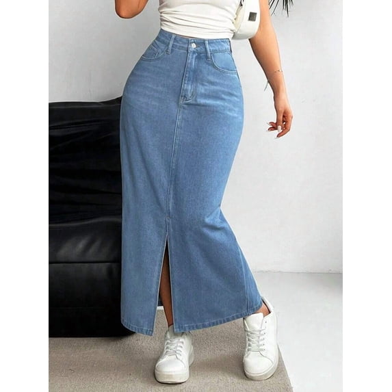 Womens Blue High Waist Slim Fit Split Denim Midi Skirt