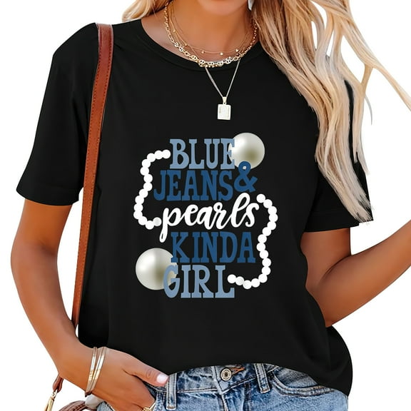 Womens Blue Jeans & Pearls Kinda Girl T-Shirt Black 2XL