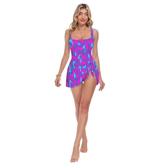 Womens Blue Leopard Print Pattern Print 2-in-1 Swim Dress Detachable Skirt One-Piece Swimsuit Square Neck S-XXL