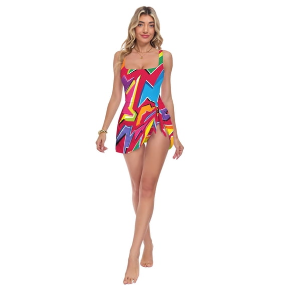 Womens Blue Lightning Pattern Print 2-in-1 Swim Dress Detachable Skirt One-Piece Swimsuit Square Neck S-XXL