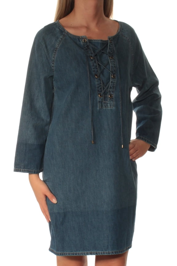 Womens Blue Long Sleeve Boat Neck Above The Knee Shift Dress Petites Size: S