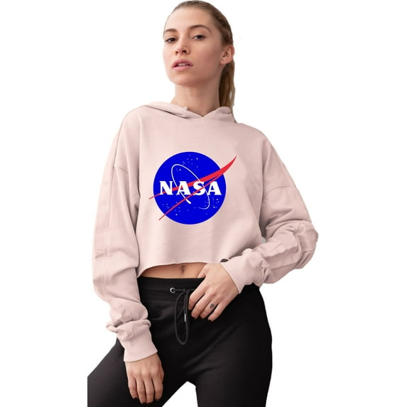 Womens Blue NASA Logo Cropped Hooded Sweatshirt