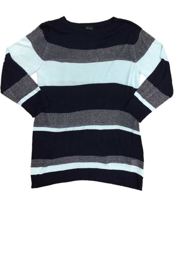 Womens Blue Navy & Silver Striped Knit Bedazzled Sweater Casual Dress Pullover