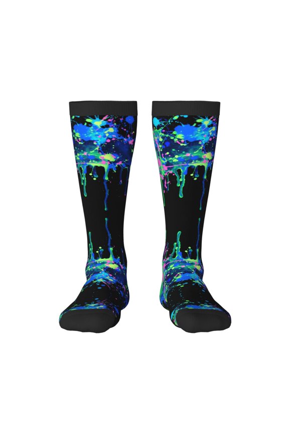 Womens Blue Neon Paint Splatter Knee High Socks Comfy Thermal Boot Long Socks