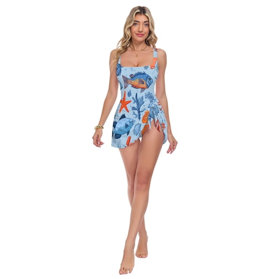 Womens Blue Ocean Animal Pattern Pattern Print 2-in-1 Swim Dress Detachable Skirt One-Piece Swimsuit Square Neck S-XXL