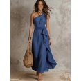 thumbnail image 1 of Womens Blue One Shoulder Sleeveless Ruffle Maxi Dress Vacation, 1 of 6
