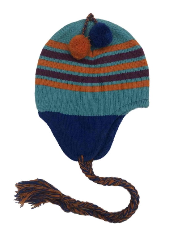 Womens Blue Orange & Purple Stripe Knit Pom Peruvian Hat Knit Stocking Cap