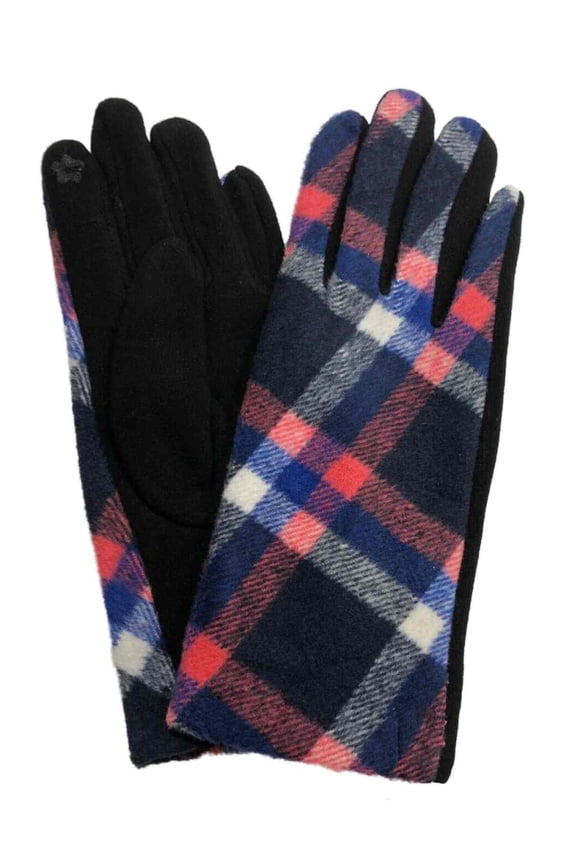 Womens Blue Pink & Gray Plaid Stretch Fit Texting & Tech Touchscreen Gloves