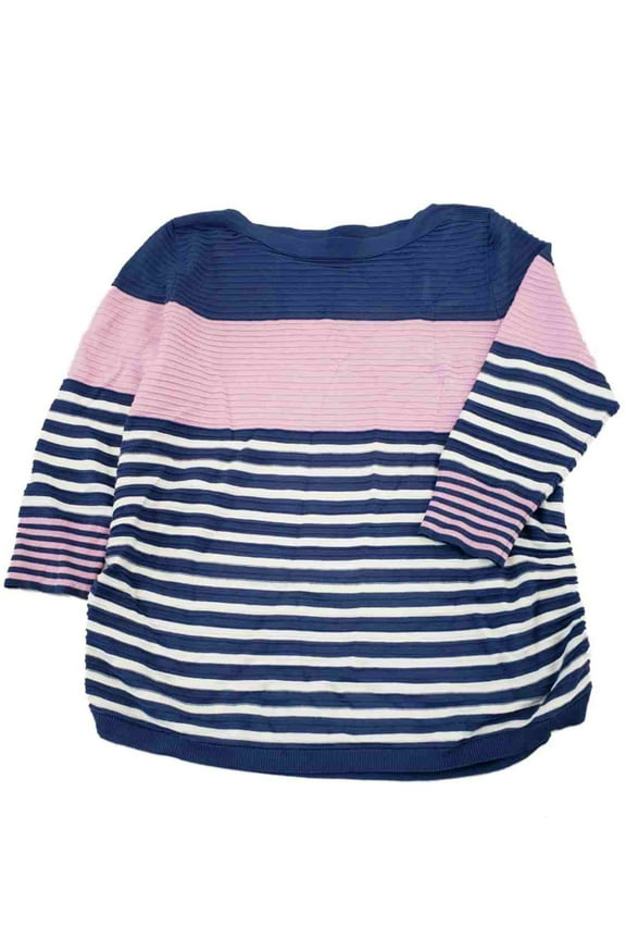 Womens Blue Pink White Stripe Ribbed Dressy Stretchy Ruched Sweater Top Shirt 2X
