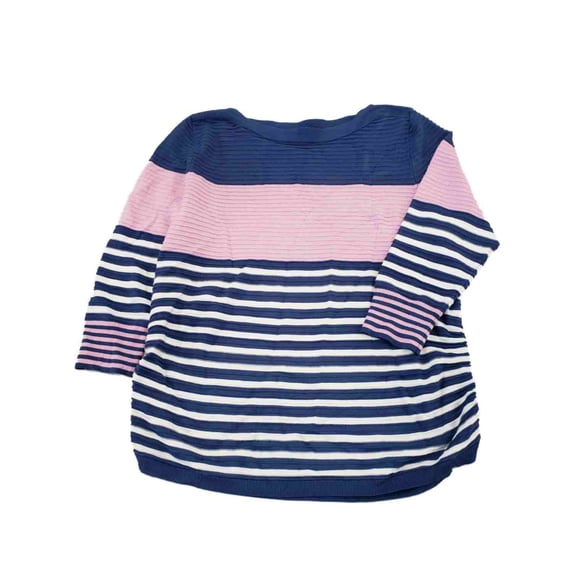 Womens Blue Pink White Stripe Ribbed Dressy Stretchy Ruched Sweater Top Shirt L