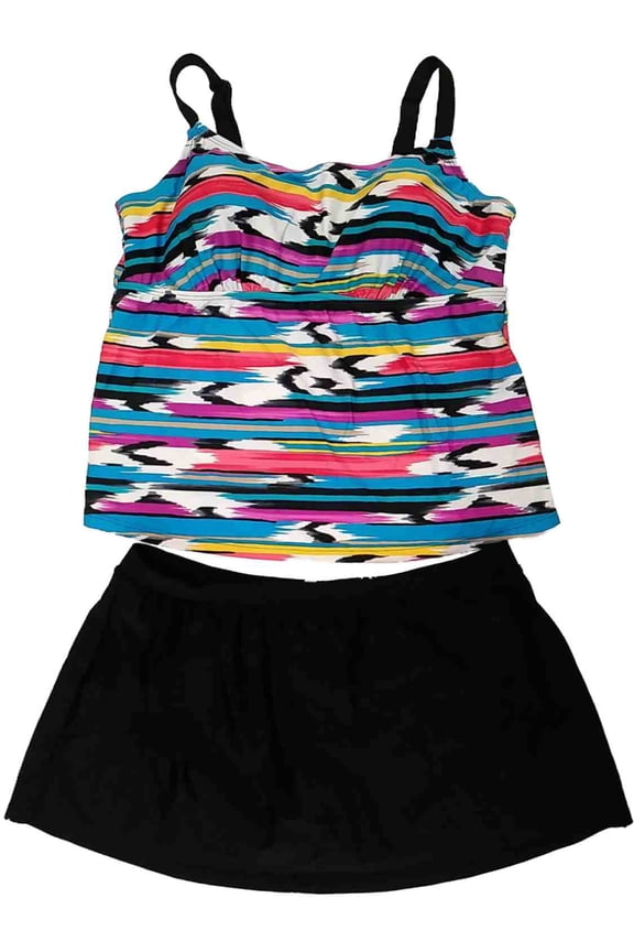 Womens Blue Purple Pink Heather Striped 2 Piece Swimming Suit Tankini Set 20