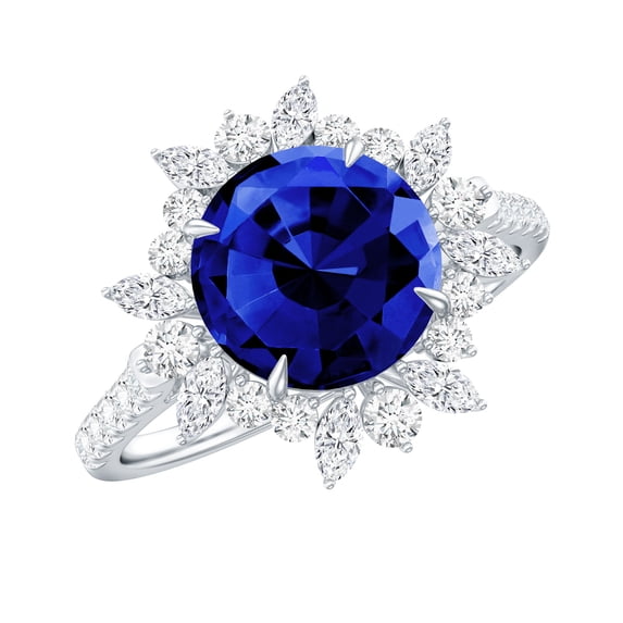 Womens Blue Sapphire Cocktail Ring with Moissanite Halo - 2.7 Carat Lab Grown Sapphire, 10K White Gold, US 8.00
