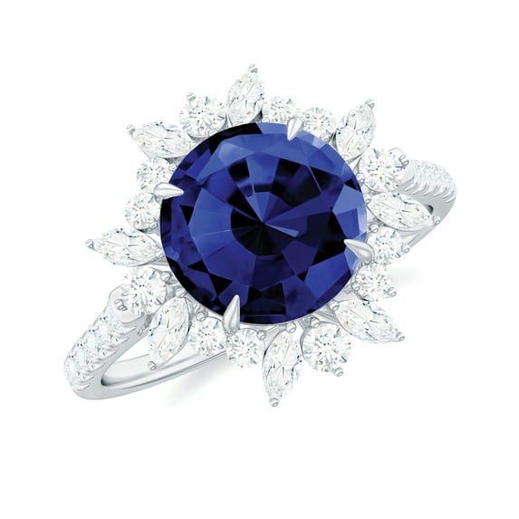 Rosec Jewels Womens Blue Sapphire Cocktail Ring with Moissanite Halo - 8 mm Lab Grown Sapphire, 10K White Gold, US 8.00