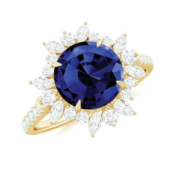 Rosec Jewels Womens Blue Sapphire Cocktail Ring with Moissanite Halo - 8 mm Lab Grown Sapphire, 10K Yellow Gold, US 8.50