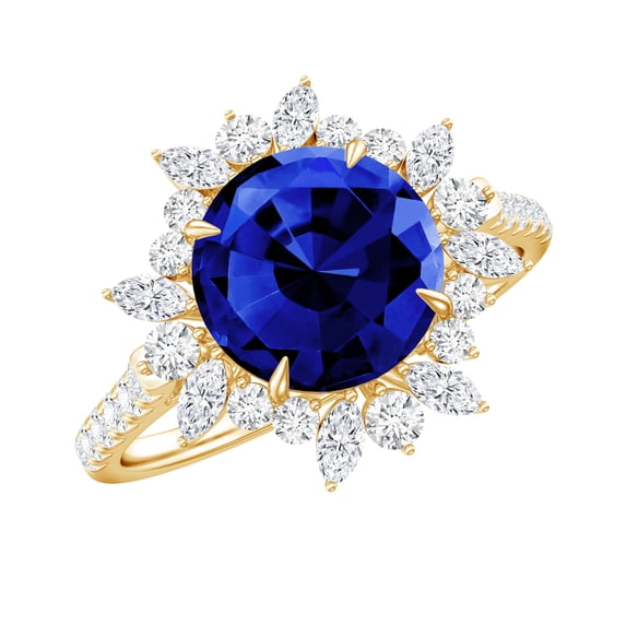 Rosec Jewels Womens Blue Sapphire Cocktail Ring with Moissanite Halo - 8 mm Lab Grown Sapphire, 14K Yellow Gold, US 11.50