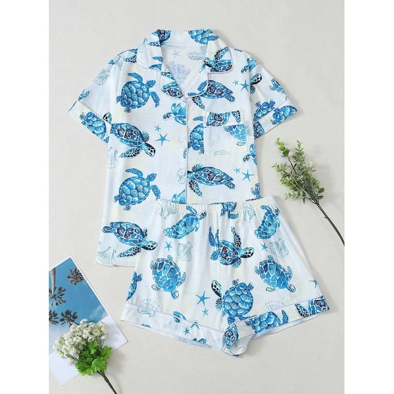 Womens Blue Sea Turtle Print Pajama Set Short Sleeve Button-Up Top and Shorts