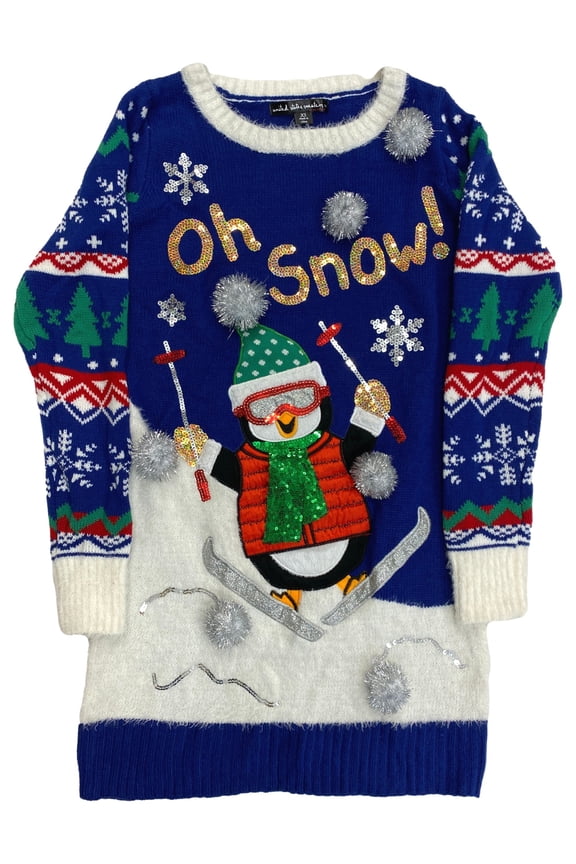 Womens Blue Sequin Skiing Penguin Long Tunic Christmas Holiday Sweater Medium