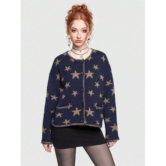 Womens Blue Star Pattern Knit Cardigan With Pockets