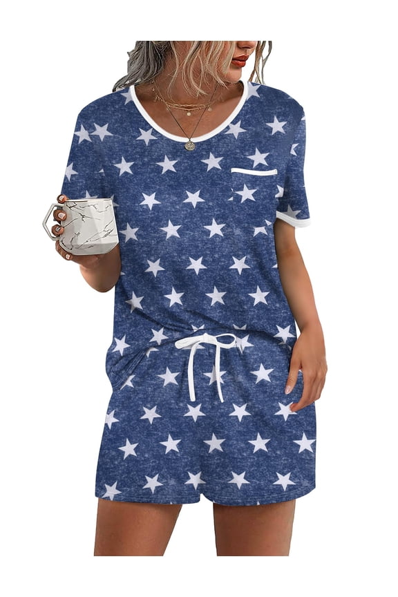 Womens Blue Star Print Lounge Pajama Set Short Sleeve Top With Chest Pocket And Drawstring Shorts