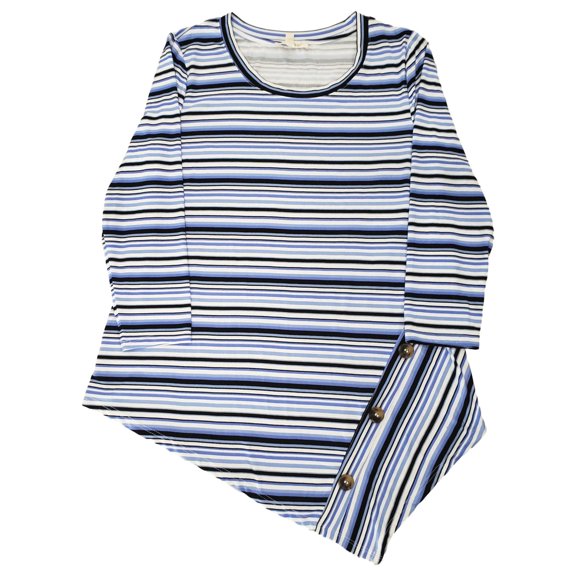 Womens Blue Stripe Button Detail Asymmetrical 3/4 Sleeve Top Blouse Small