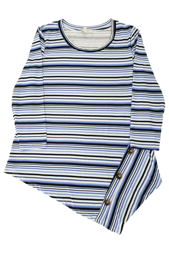 Womens Blue Stripe Button Detail Asymmetrical 3/4 Sleeve Top Blouse Small