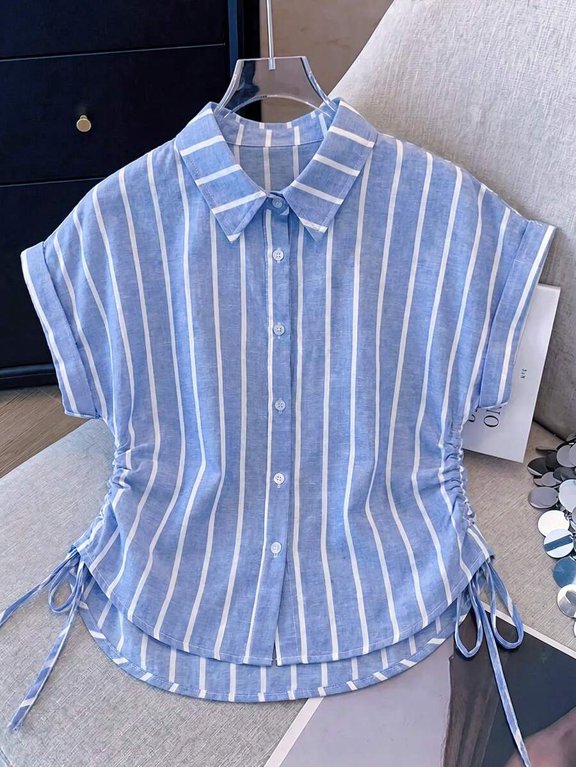 Womens Blue Striped Short Sleeve Blouse With Side Drawstring Collared Top