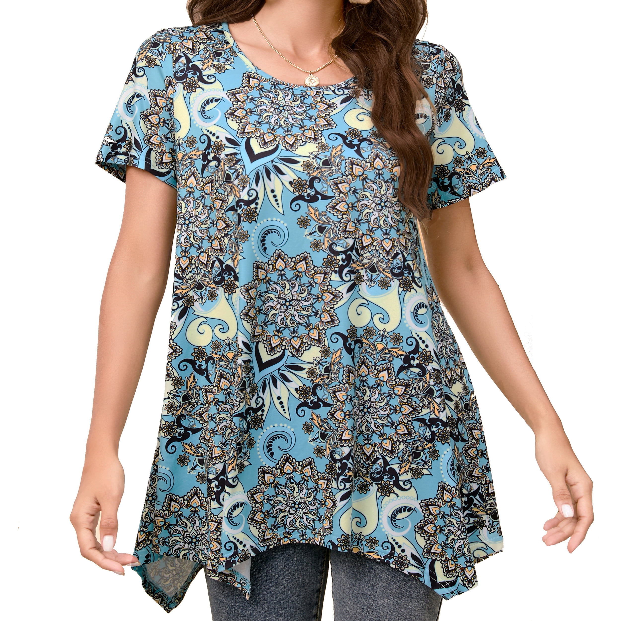 Sprinmer Plus Size Floral Tunic Tops for Women Short Sleeve Crewneck ...