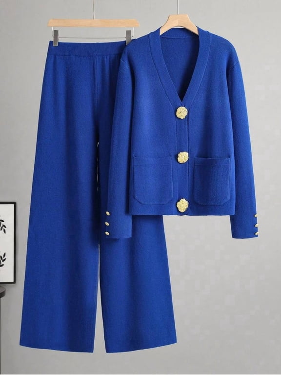 Womens Blue Two-Piece Sweater Set Long Sleeve Knit Cardigan And Wide Leg