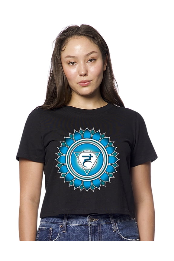 Womens Blue Vishuddha American-Made Cute Cropped Yoga Tee Shirt, Large Black