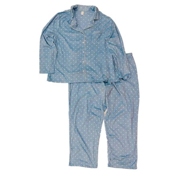 Womens Blue & White Polka Dot Fleece Pajamas Button Front Sleepwear Set 2X