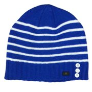 Womens Blue & White Stripe Button Beanie Hat Knit Active Stocking Cap