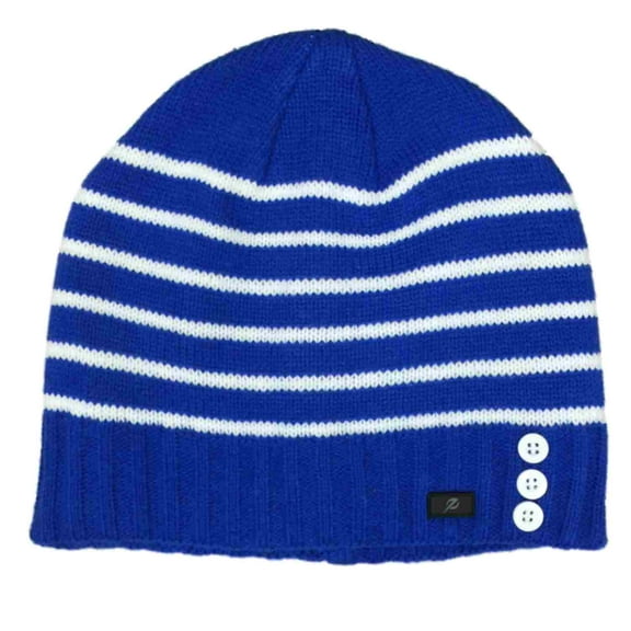 Womens Blue & White Stripe Button Beanie Hat Knit Active Stocking Cap