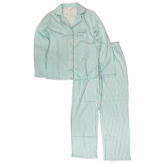 Womens Blue & White Stripe Cotton Blend Pajamas Button Front Sleep Set Large