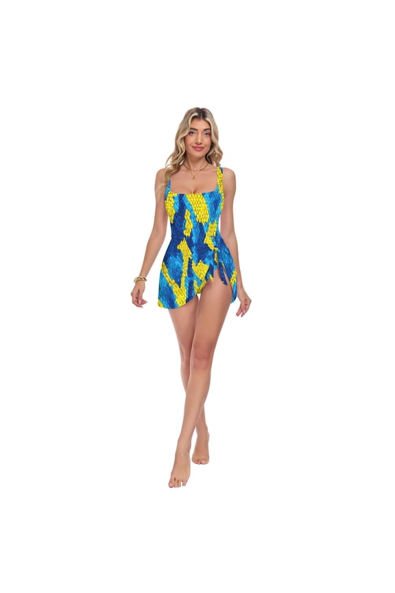 Womens Blue Yellow Python Pattern Print 2-in-1 Swim Dress Detachable Skirt One-Piece Swimsuit Square Neck S-XXL