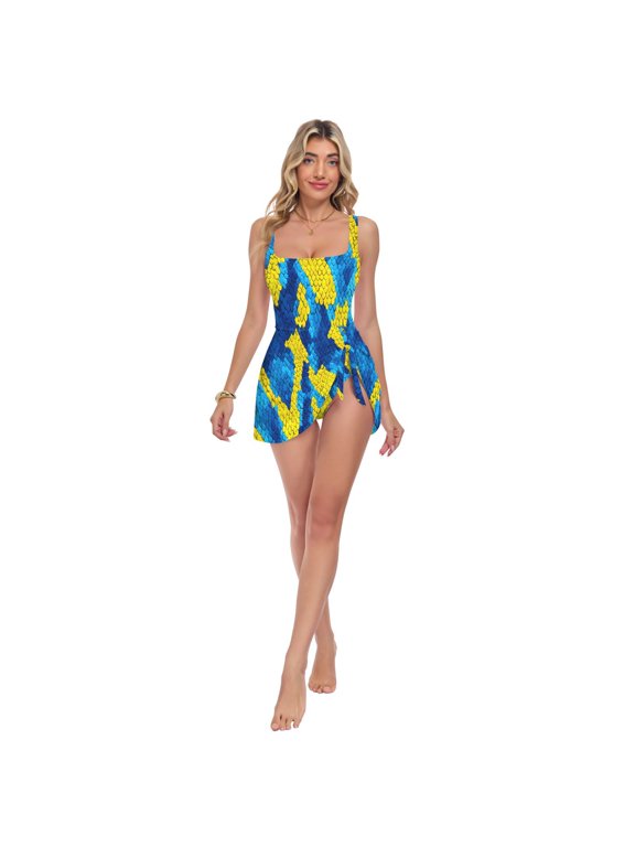 Womens Blue Yellow Python Pattern Print 2-in-1 Swim Dress Detachable Skirt One-Piece Swimsuit Square Neck S-XXL